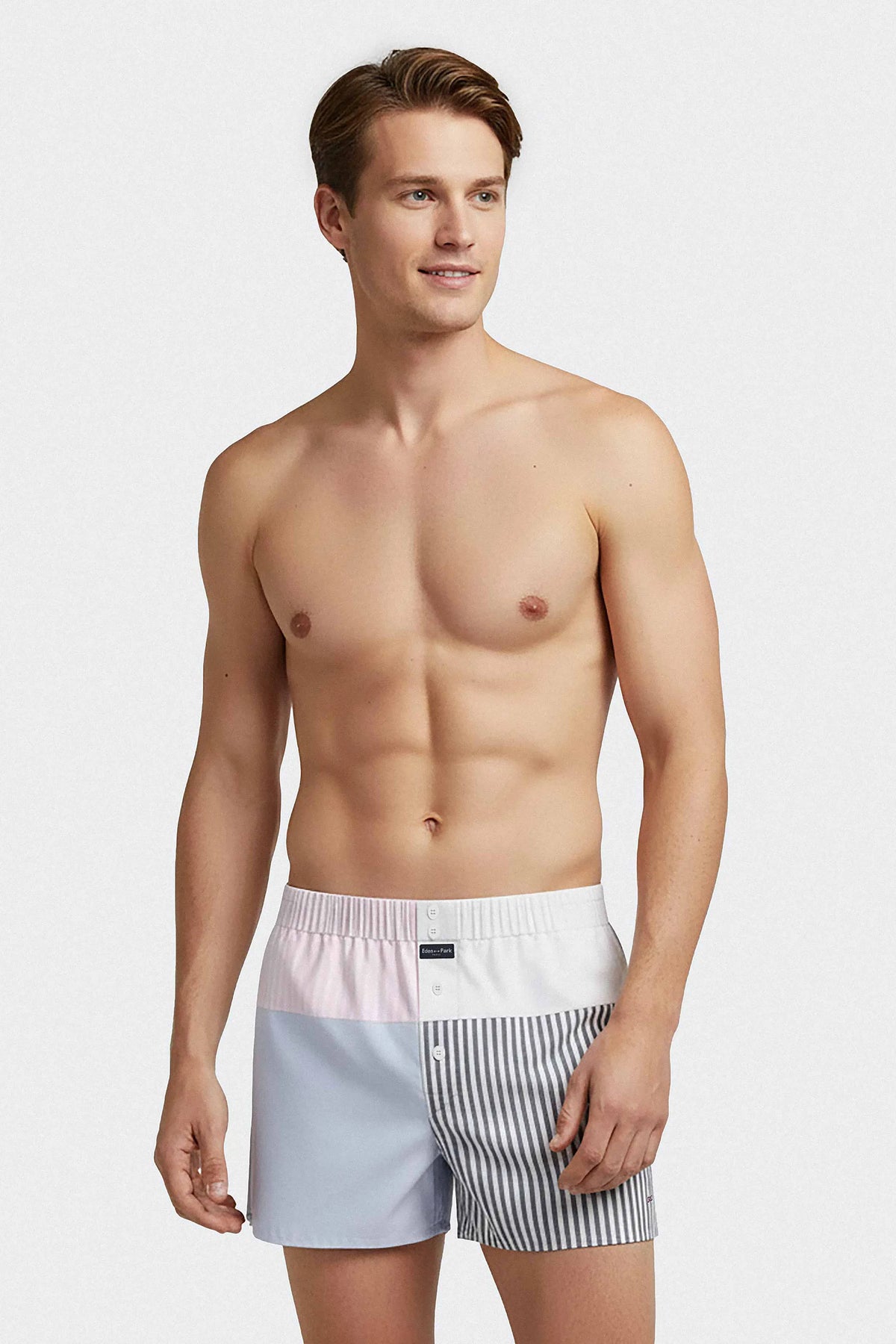 Striped cut-and-sew cotton poplin boxer shorts